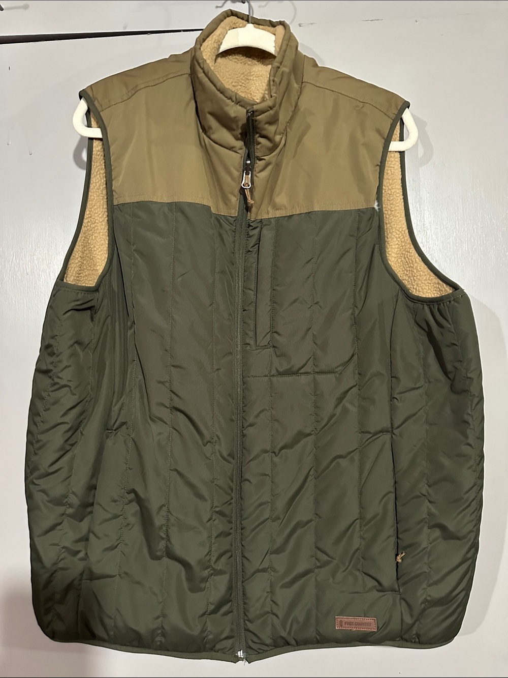 Free Country Olive Green Quilted Vest with Tan Shoulder Yoke